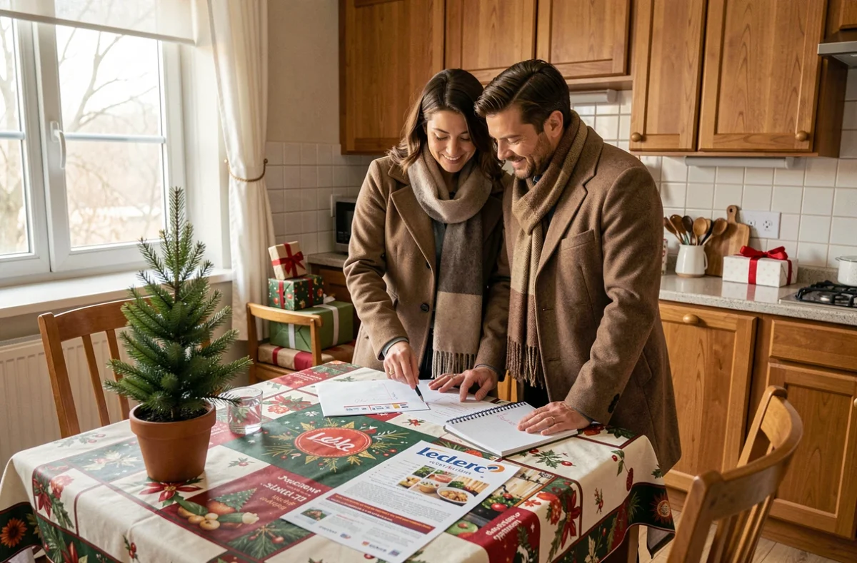 Couple planifiant leurs courses de Noël avec un prospectus Leclerc à la maison