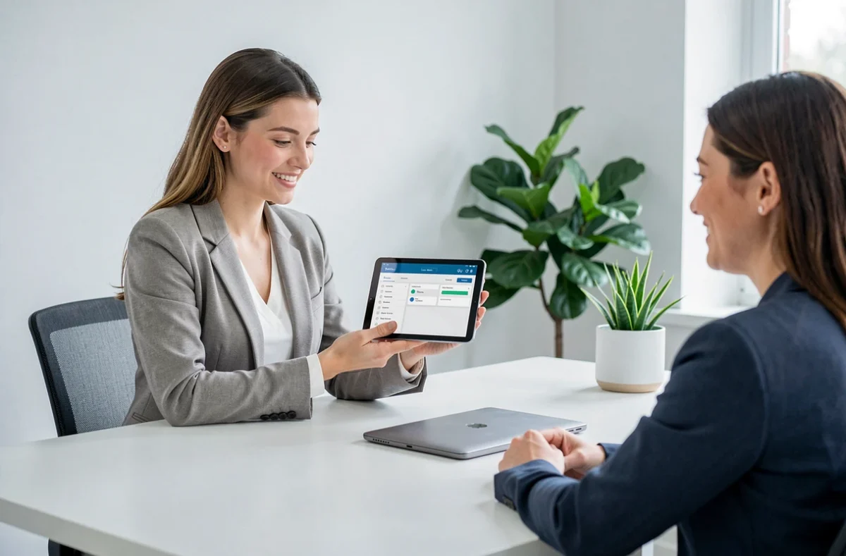 Une conseillère de Prettymo présente une solution de crédit immobilier sur tablette à un client dans un bureau moderne
