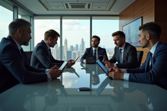 Groupe de professionnels analysant des graphiques numériques en réunion