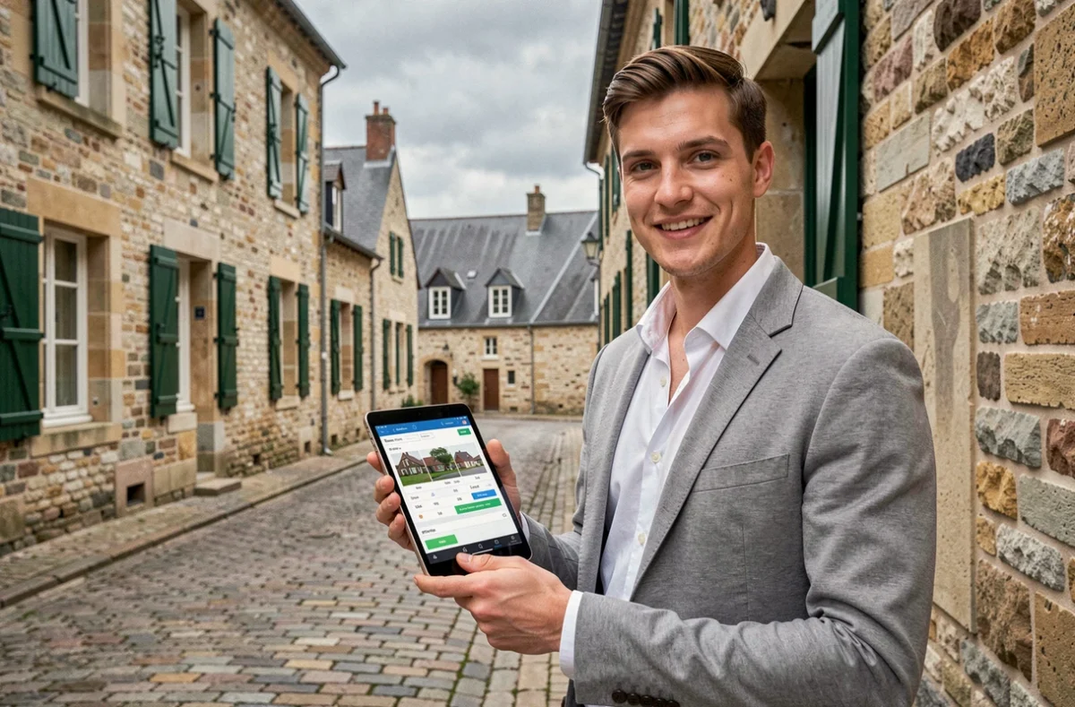 Quentin Lagallarade, expert immobilier jeune et dynamique, tenant une tablette avec une interface d'évaluation immobilière devant une propriété normande en pierre