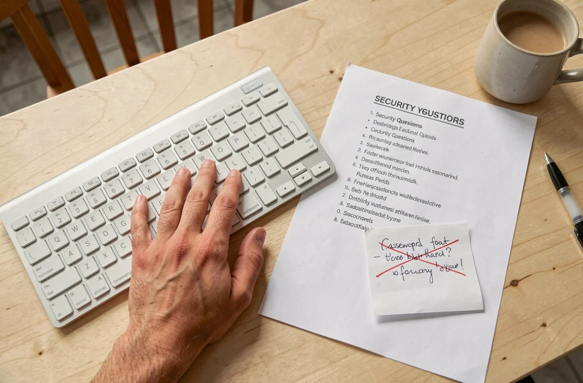 Vue de dessus des mains sur un clavier avec une feuille de questions de sécurité pour récupérer un mot de passe oublié