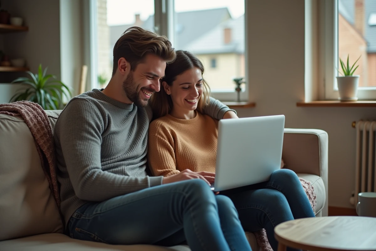 Couple vérifiant le remboursement d'un loyer par virement instantané sur un ordinateur portable à domicile