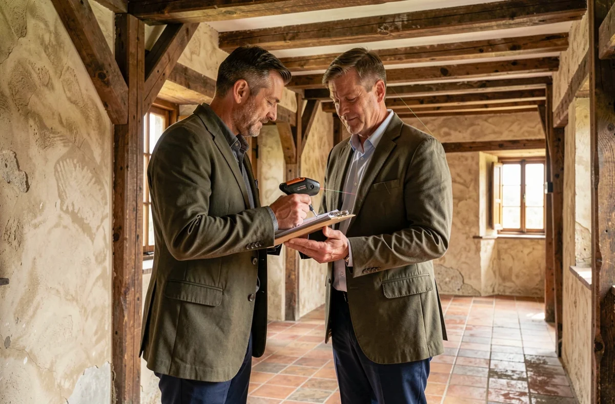 Rémy Bertrand du cabinet Bertrand Expertises mesurant l'intérieur d'une maison normande traditionnelle avec poutres apparentes et carrelage en terre cuite