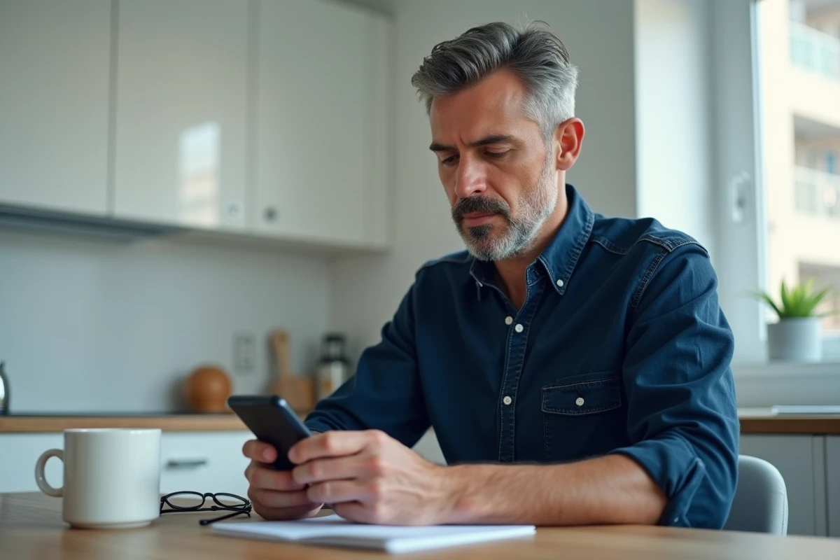 Homme utilisant son smartphone pour résilier son contrat Direct Assurance en ligne depuis sa cuisine
