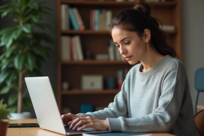 Femme consultant son contrat d'assurance en ligne sur un ordinateur portable pour le résilier