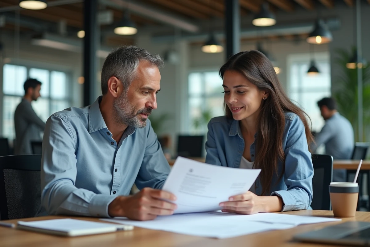 Homme d age discutant avec une collègue dans un espace de travail ouvert