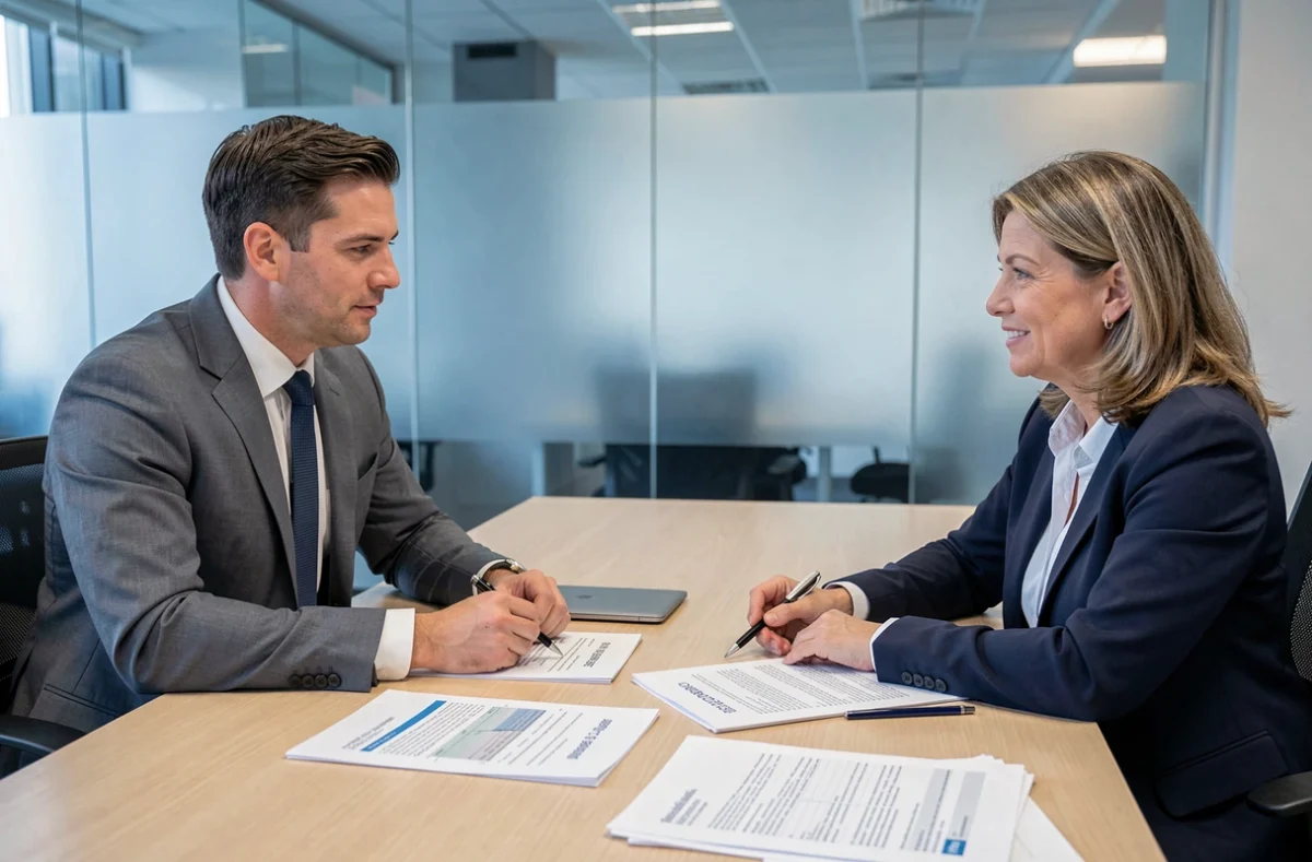 Réunion entre un comptable et la dirigeante d'une société VTC pour analyser les statuts juridiques, charges sociales et obligations fiscales