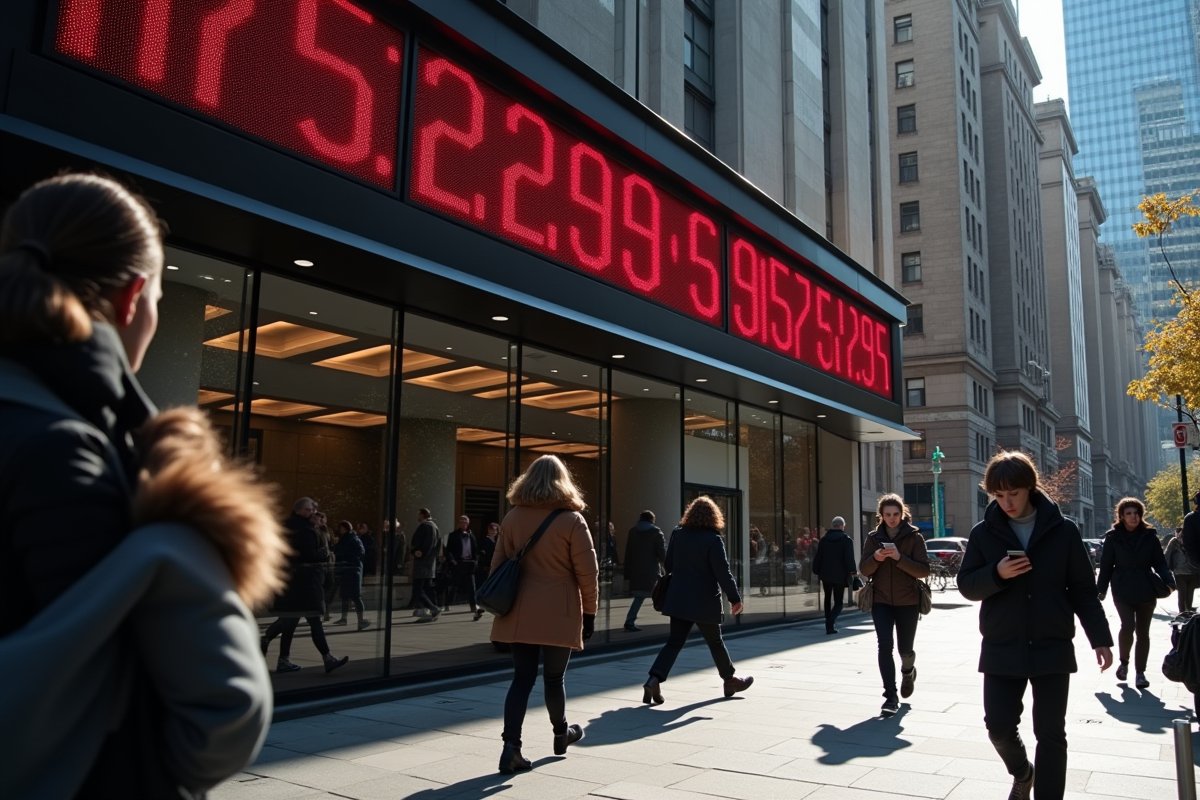 Passants vérifiant leur smartphone devant la bourse en journée