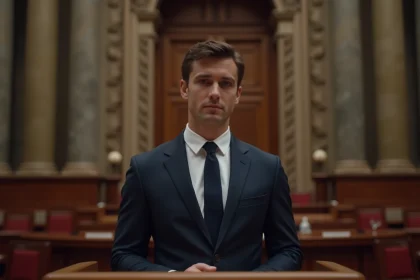 Jeune homme politique français en costume sombre à la tribune d'un hémicycle européen, illustrant le salaire et la rémunération d'un dirigeant politique en 2026