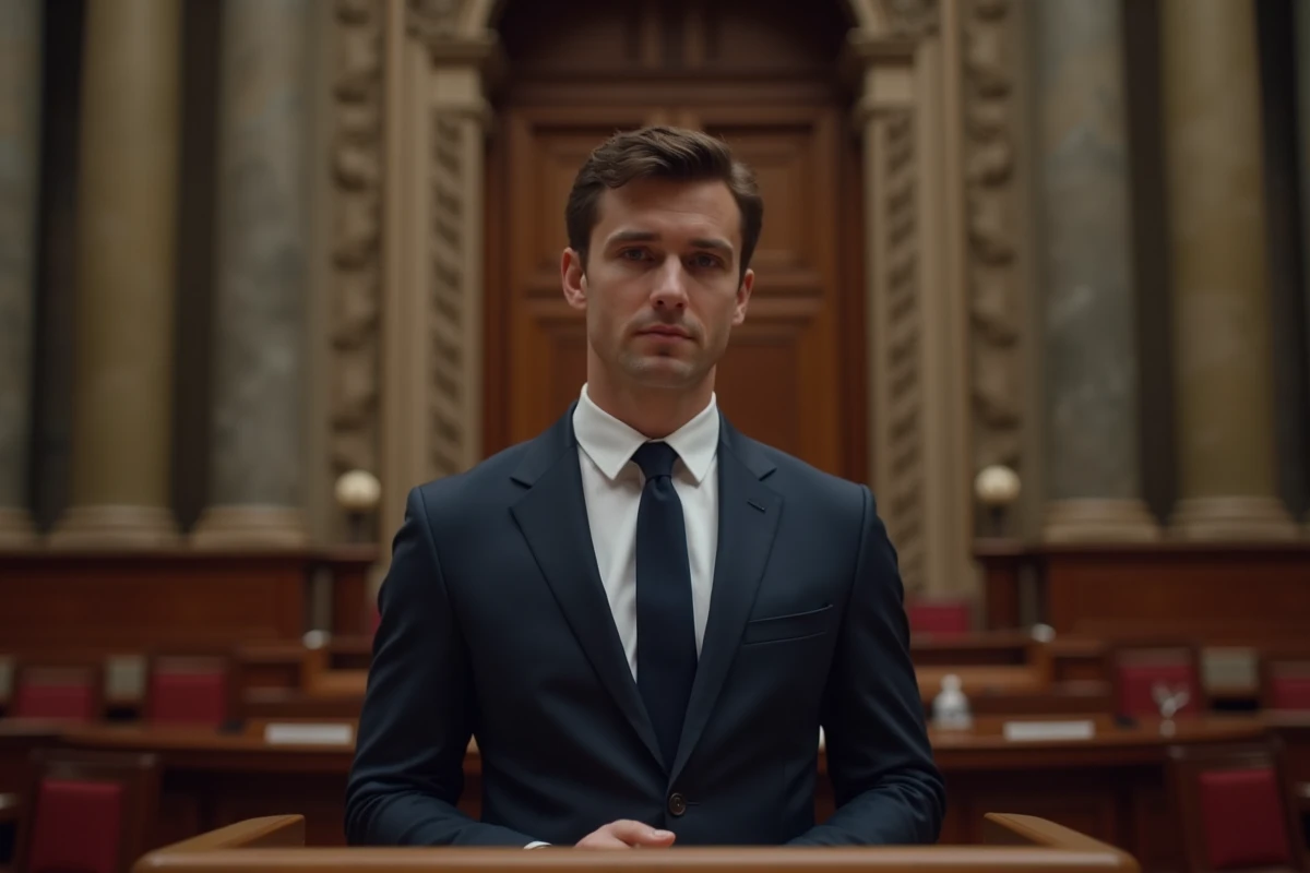 Jeune homme politique français en costume sombre à la tribune d'un hémicycle européen, illustrant le salaire et la rémunération d'un dirigeant politique en 2026