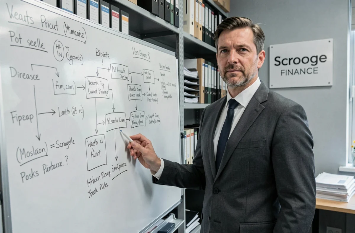 Un conseiller Scrooge Finance en Moselle détaille un plan de gestion patrimoniale sur un tableau blanc dans son cabinet