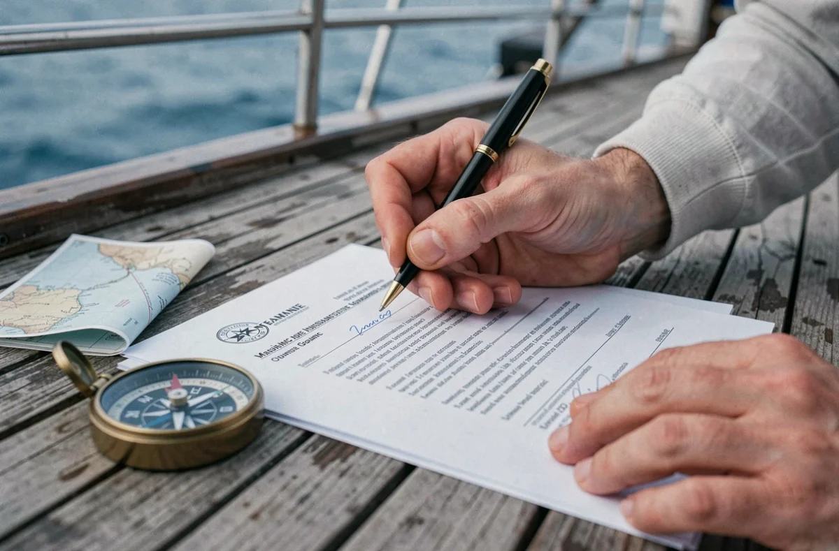 Signature d'un contrat d'assurance plaisance sur le pont d'un bateau avec boussole et carte nautique