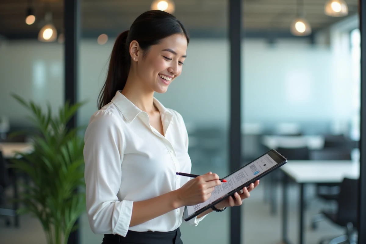 Jeune femme signant électroniquement la résiliation de son contrat d'assurance sur une tablette
