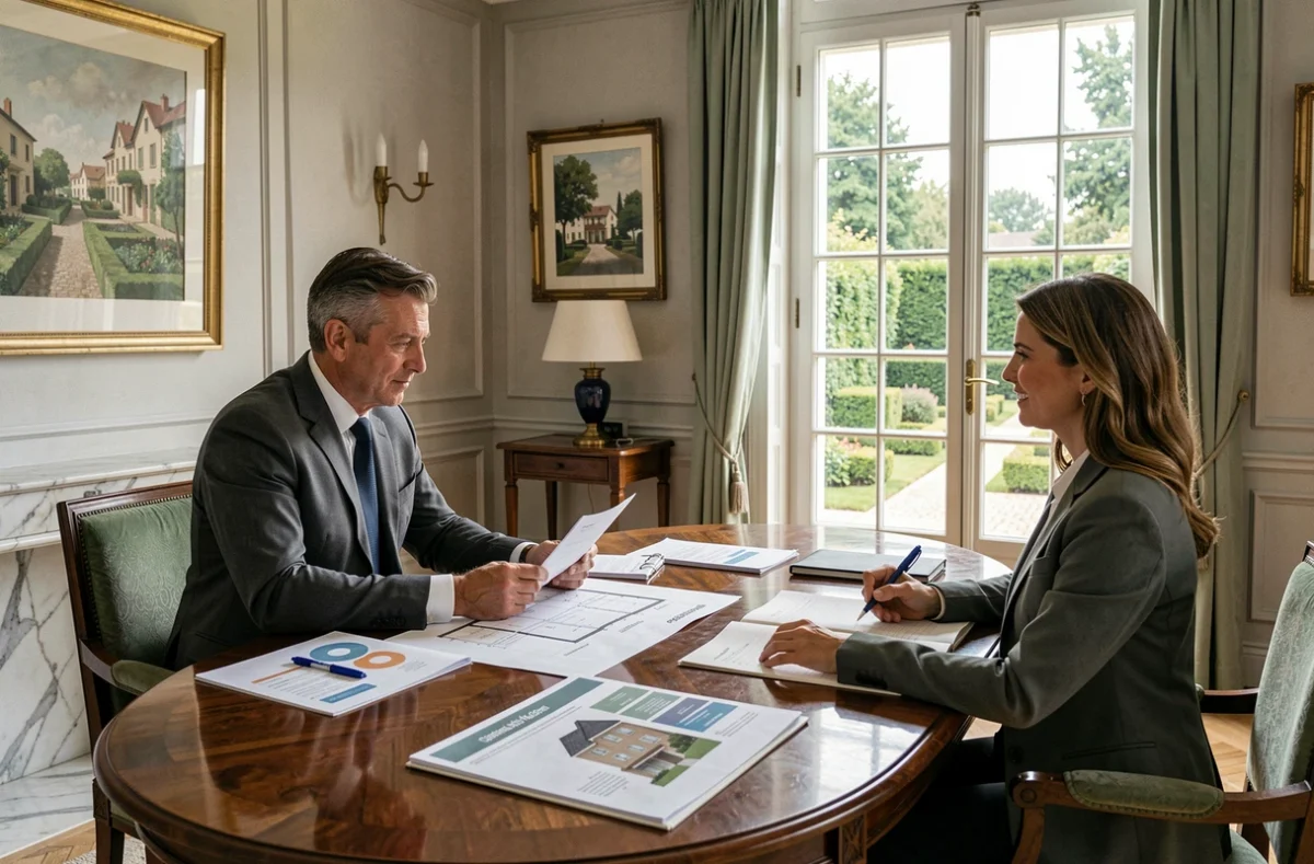 Conseiller Signatures Patrimoine Nice en réunion de gestion patrimoniale avec des clients dans un cadre élégant