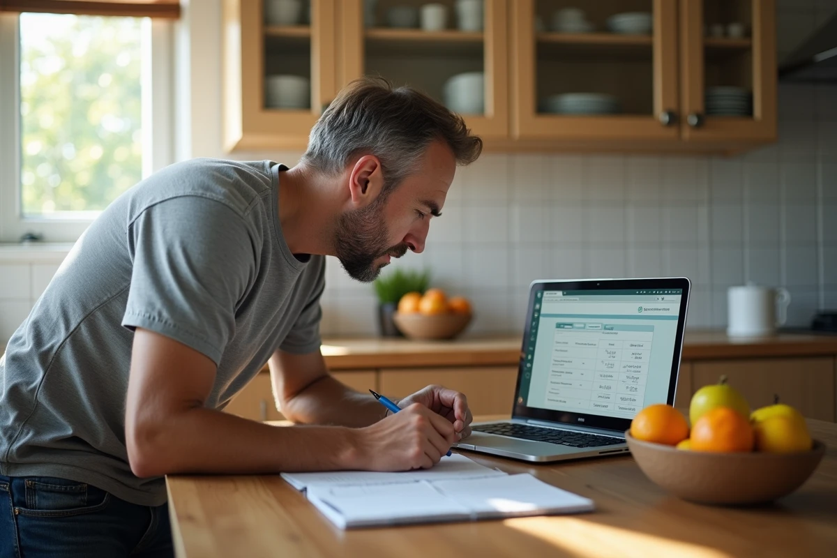 Homme calculant ses droits au chômage ARE sur un simulateur en ligne avec des notes manuscrites