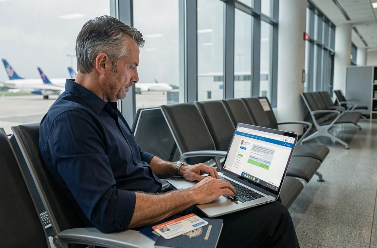 Homme en transit dans un aéroport international contactant le support client Lydia sur son ordinateur portable