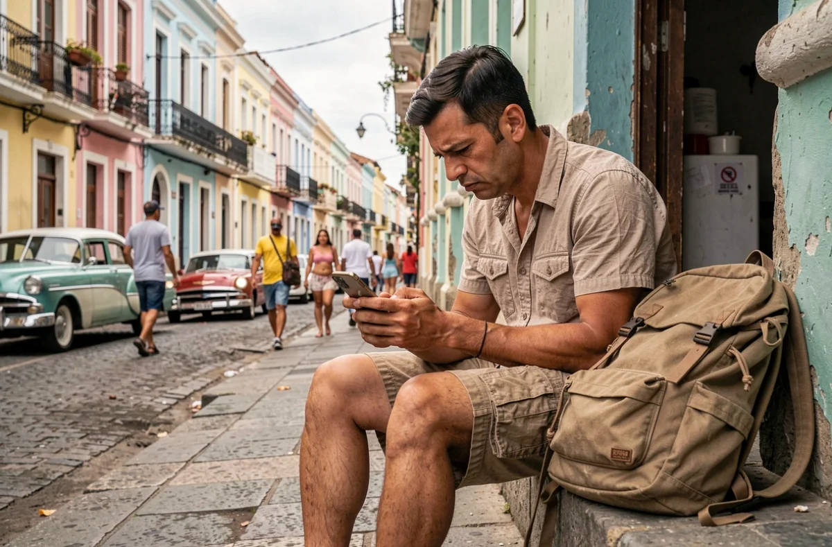 Touriste masculin préoccupé consulte son téléphone devant un bâtiment colonial coloré à La Havane, sans couverture d'assurance voyage à Cuba