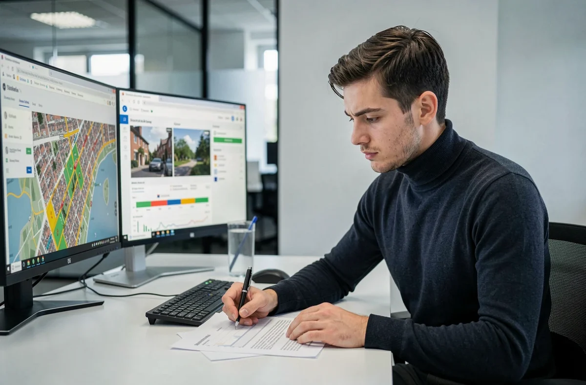 Analyste de Trackstone consultant des tableaux de bord de suivi immobilier sur ordinateur dans un bureau moderne