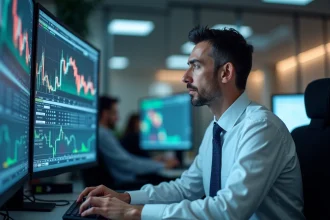 Trader concentré sur ses écrans affichant les horaires d'ouverture de la bourse de New York et les graphiques de volatilité