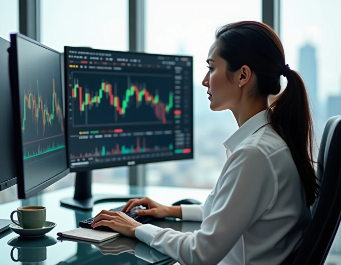Trader forex professionnelle analysant un tableau de bord d'expert advisor automatisé sur grand écran incurvé
