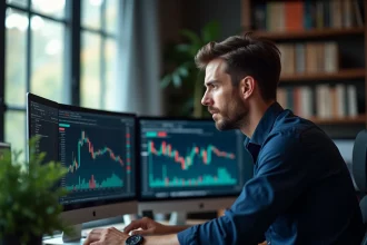 Trader intraday forex concentré devant plusieurs écrans d'analyse de marché avec graphiques de chandeliers japonais