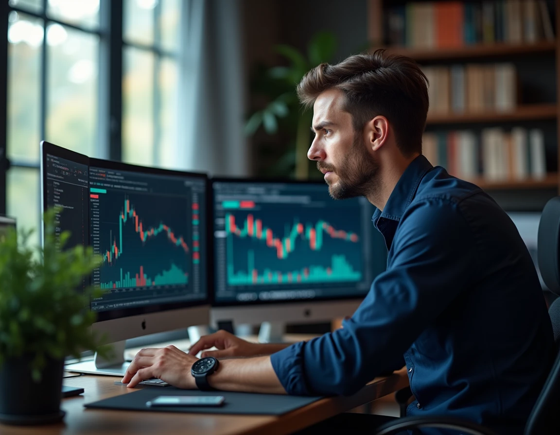 Trader intraday forex concentré devant plusieurs écrans d'analyse de marché avec graphiques de chandeliers japonais
