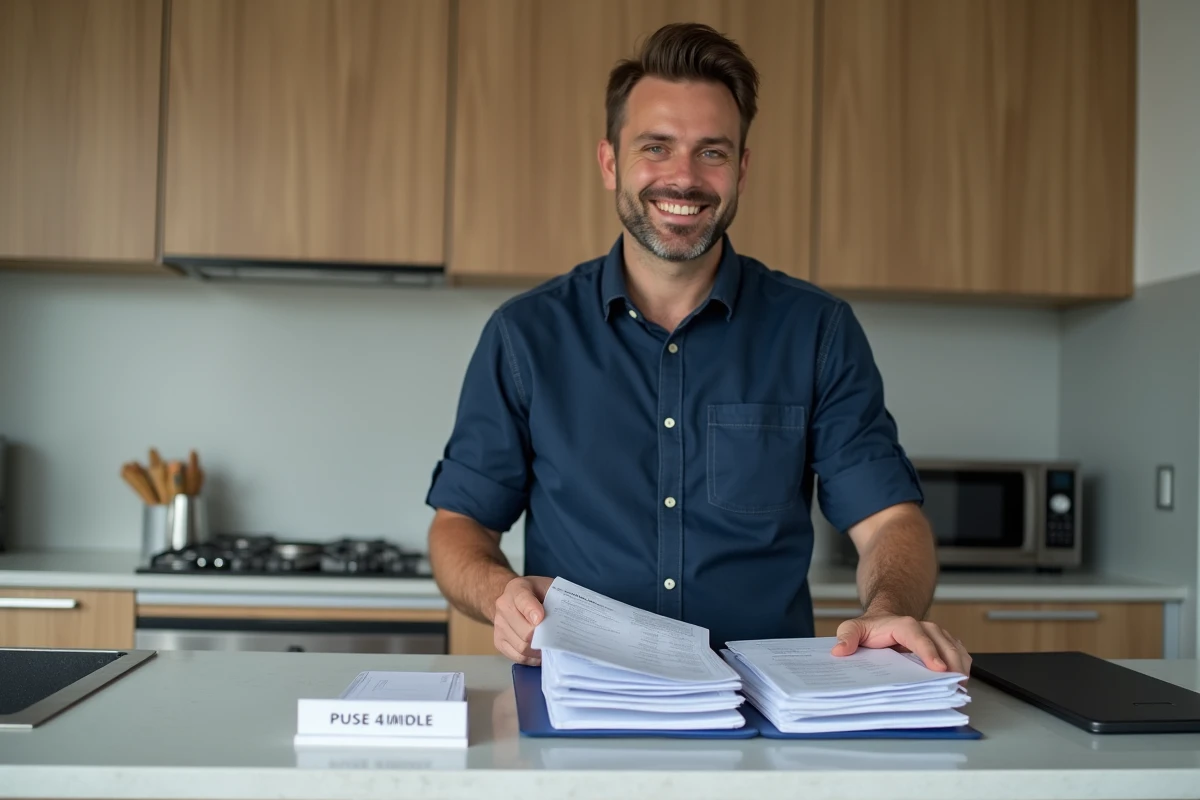 Propriétaire LMNP triant des factures et tickets de caisse dans des classeurs séparés sur un comptoir de cuisine moderne