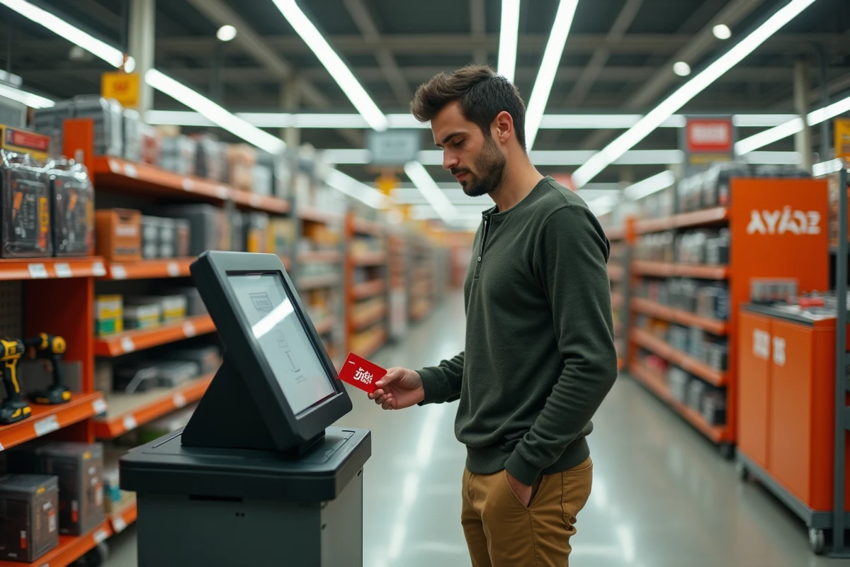 Homme utilisant une carte illicado Leroy Merlin à une caisse automatique dans le rayon outillage d'un magasin de bricolage