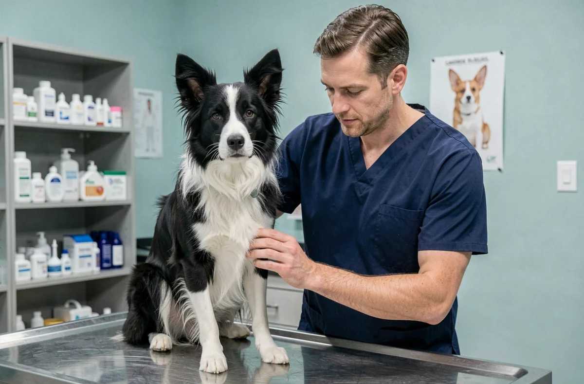 Vétérinaire examinant un border collie sur une table d'examen dans une clinique vétérinaire moderne