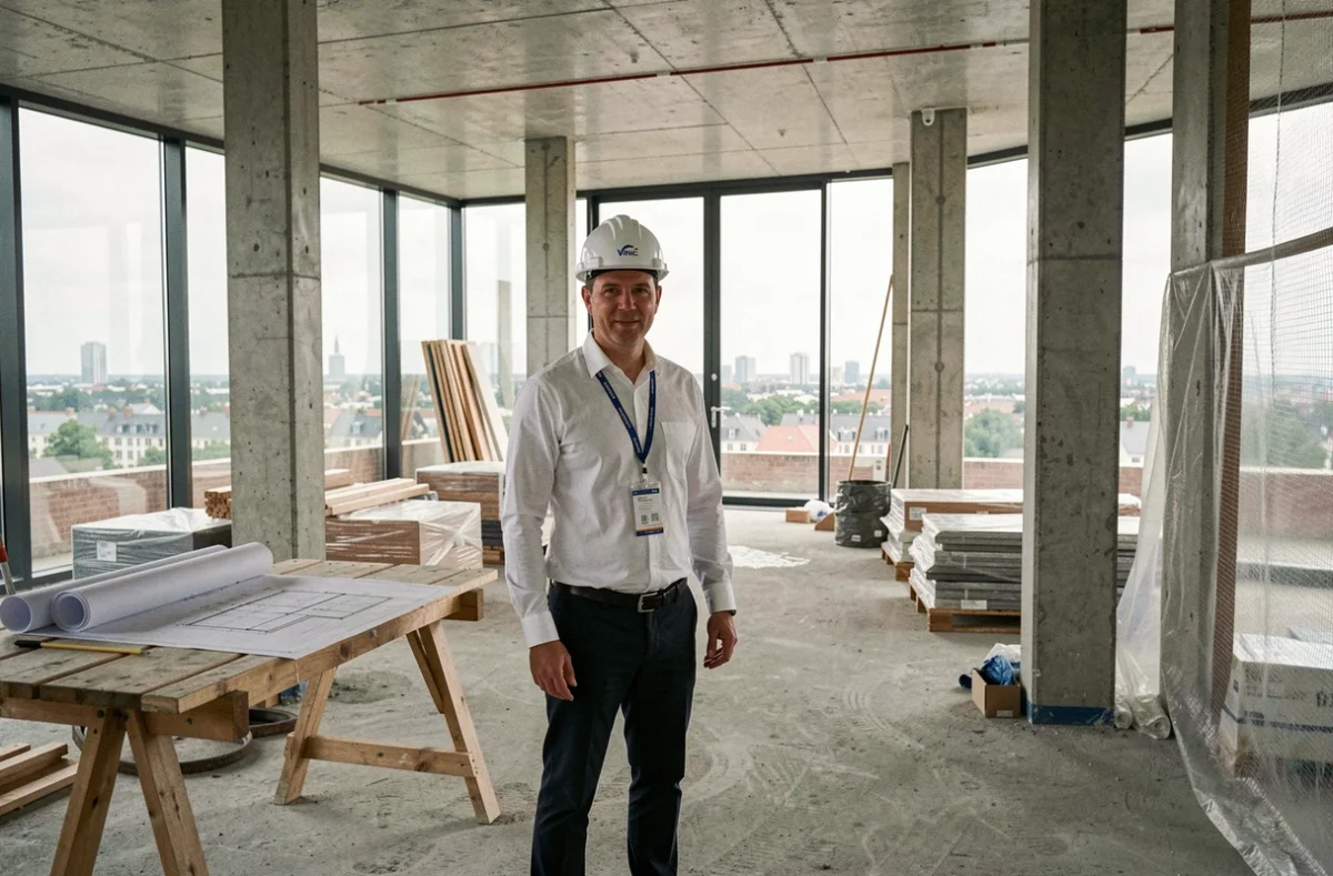 Représentant de Vinci Immobilier antenne Nord portant un casque de chantier dans un appartement neuf en construction