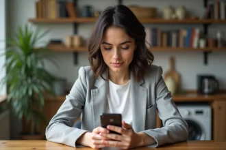 Femme effectuant un virement instantané sur l'application mobile Caisse d'Épargne depuis son appartement