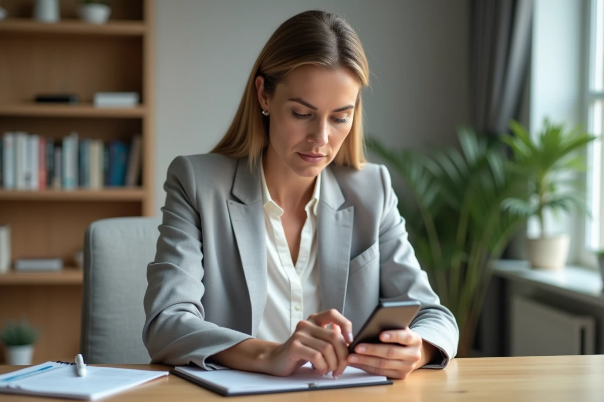 Femme utilisant l'application bancaire Caisse d'Épargne pour effectuer un virement instantané depuis son bureau à domicile