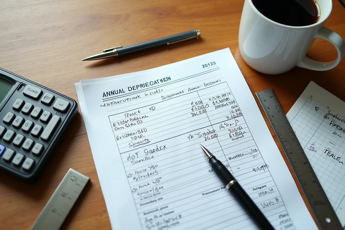 Vue aérienne d'un bureau avec un registre comptable ouvert, des calculs d'amortissement annuel et une calculatrice, illustrant la dotation aux amortissements