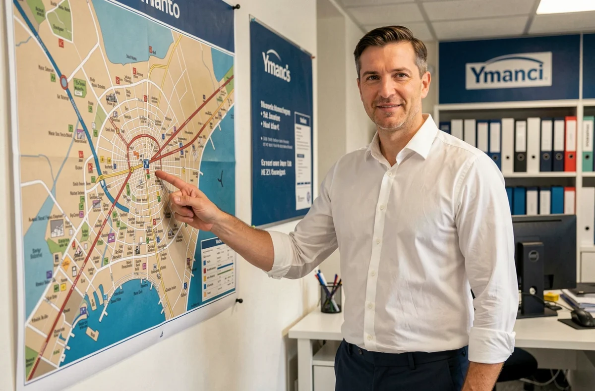 Courtier Ymanci Nice montrant une carte de la ville lors d'un conseil en financement immobilier local